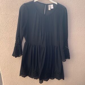 Divided H&M Size 8 Black Lace 3/4 Sleeve Pleated Front Drop Waist Side Zip Dress